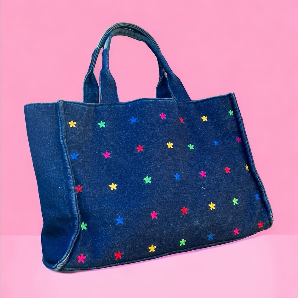 Multi-Colored Embroidered Flower Medium Denim Tot… - image 1